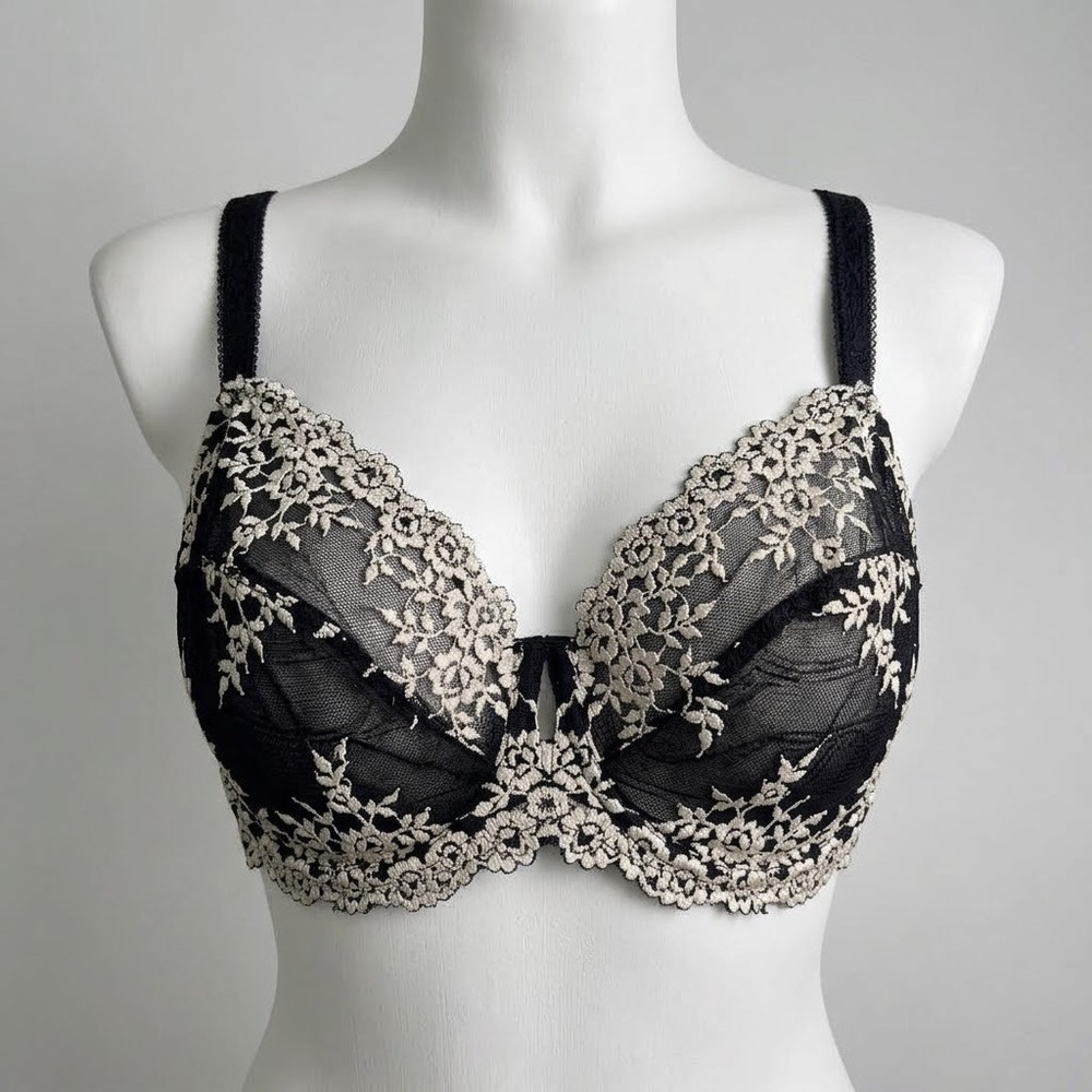 Wacoal Retro Chic Full Figure Underwire Bra 40DD Black Ivory Lace 855186